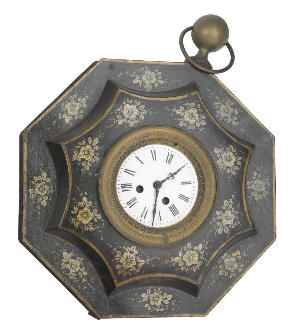 Appraisal: PAINTED TOLE WALL CLOCKunsigned with later-added battery movement with brass