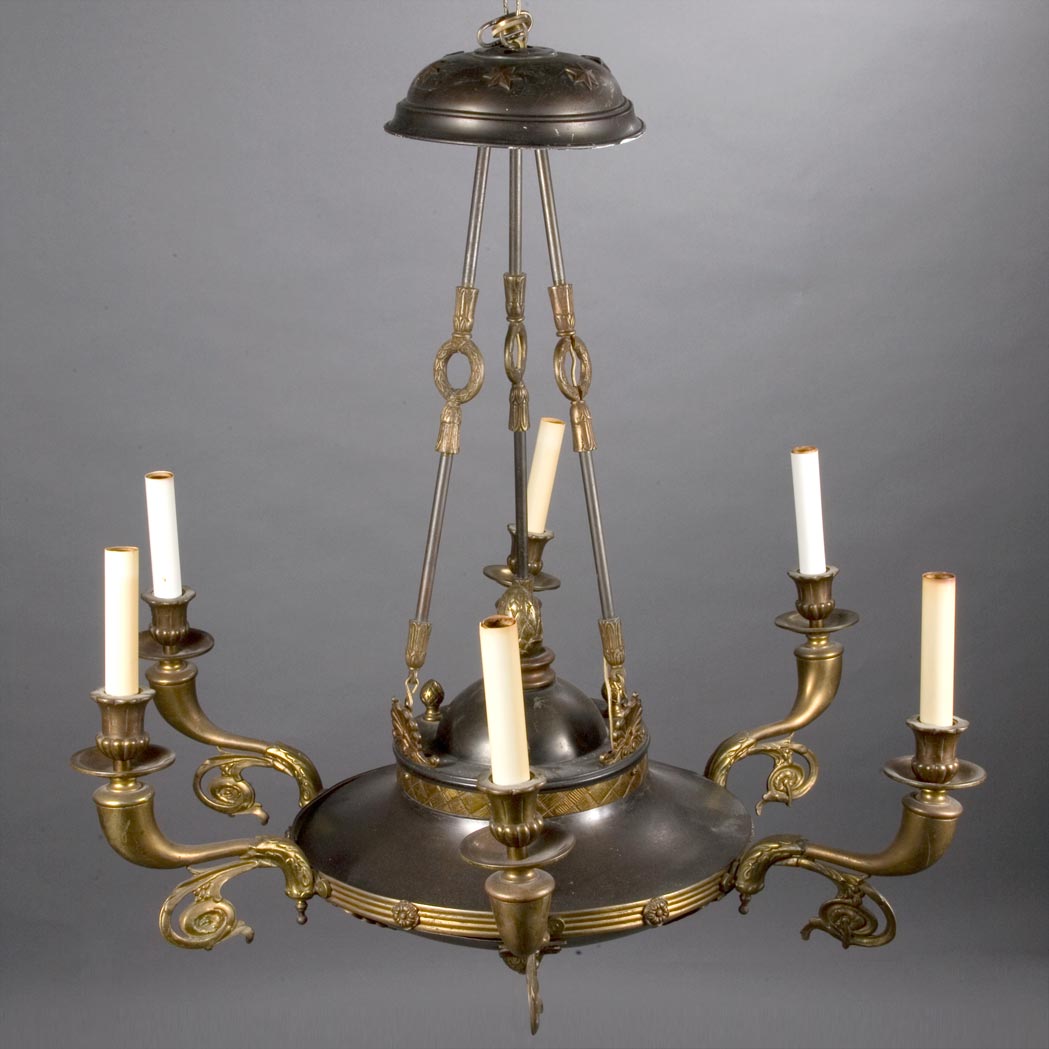 Appraisal: Empire Style Gilt and Patinated-Metal Six-Light Chandelier Height inches diameter