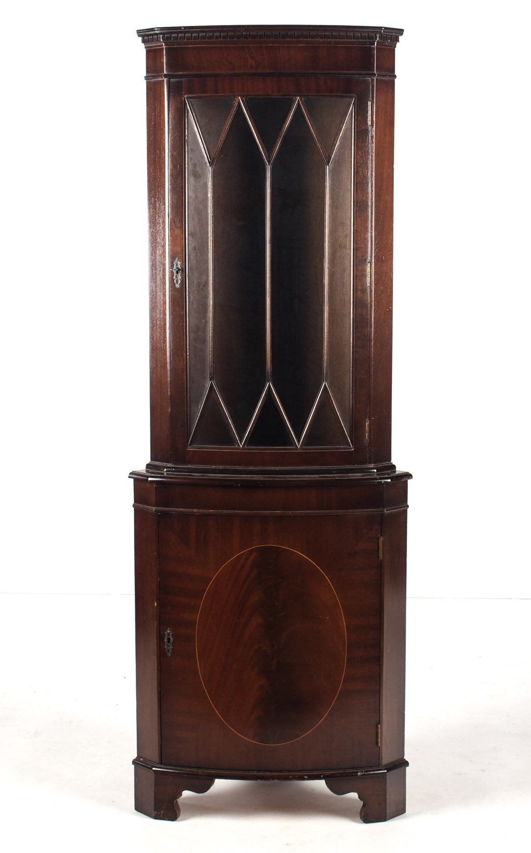 Appraisal: George III style inlaid mahogany corner cupboard th century bowed