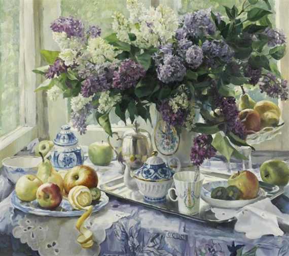 Appraisal: NAJDA DIMITRIJ Lwow Russia Spray of lilac on covered table