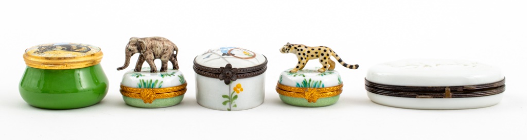 Appraisal: LIMOGES BRITISH TRINKET BOXES Five animal-themed porcelain Limoges enamel British