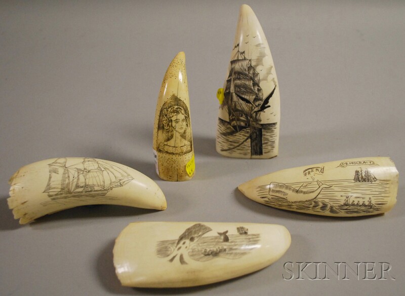 Appraisal: Five Scrimshaw-decorated Whale's Teeth all with modern decoration lg to