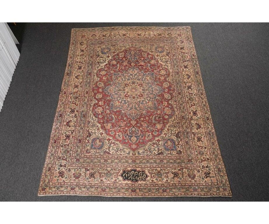 Appraisal: Antique Kerman room size carpet with center medallion floral patterns