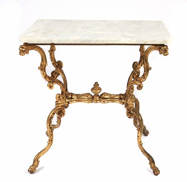 Appraisal: A pair of French gilt iron and marble console tables