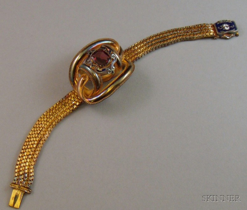 Appraisal: Antique Gilt-metal Enamel and Garnet Love Knot Bracelet lg in