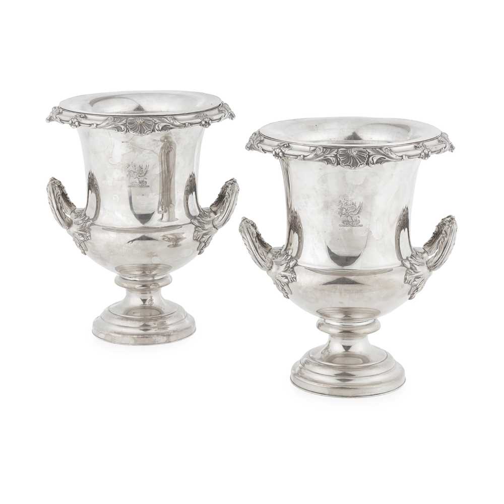 Appraisal: PAIR OF GEORGIAN STYLE SILVER-PLATED ARMORIAL WINE COOLERS LATE TH