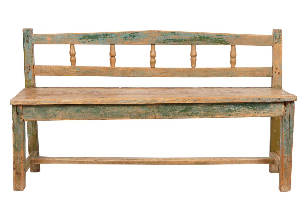 Appraisal: AMERICAN RUSTIC GREEN-PAINTED WOOD BENCHconstructed from antique and newer elements