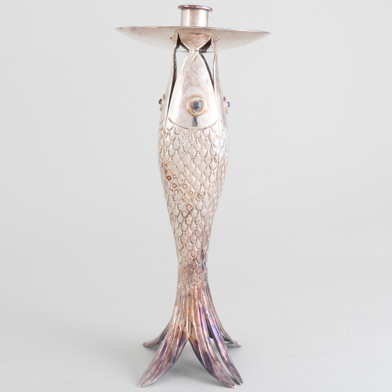 Appraisal: Emilia Castillo Mexican Silverplate Fish Form Candlestick x in diam