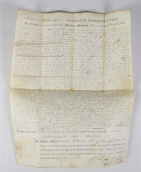 Appraisal: Virginia Land Grant Signed by Governor William Branch Giles Grant