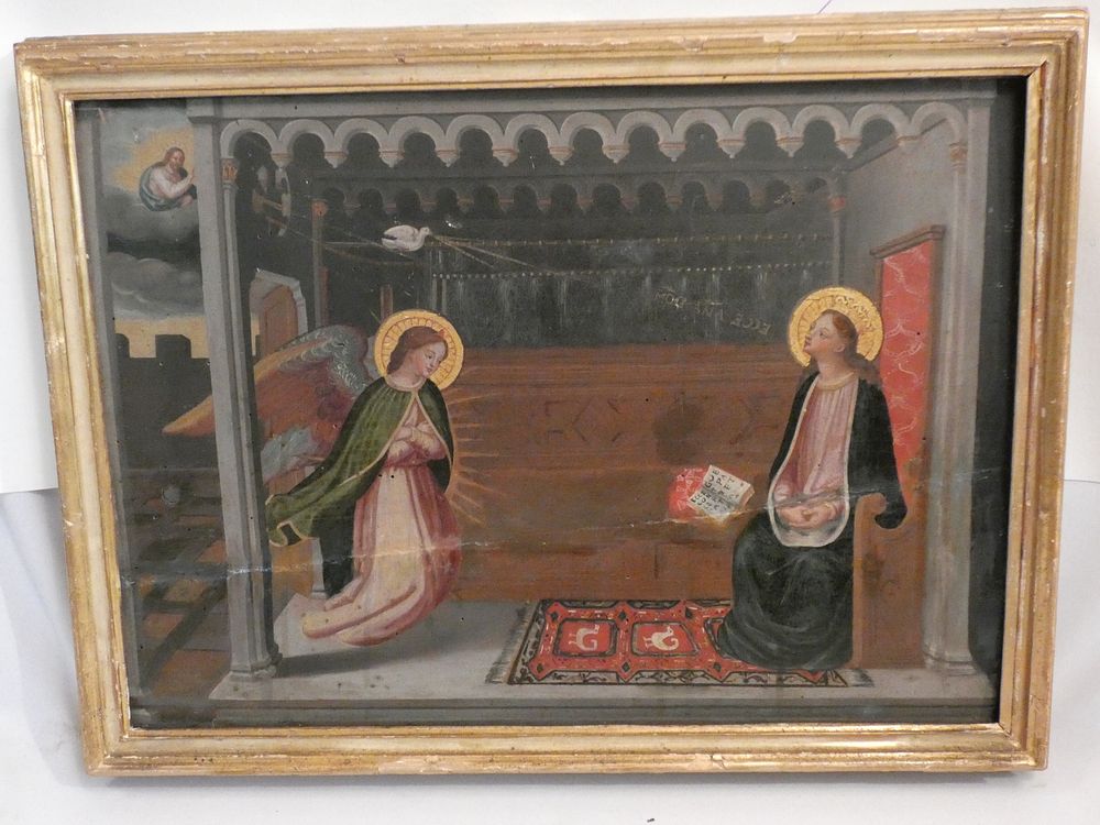 Appraisal: ANTIQUE PAINTED ANNUNCIATION RELIGIOUS ICON th early th century hand