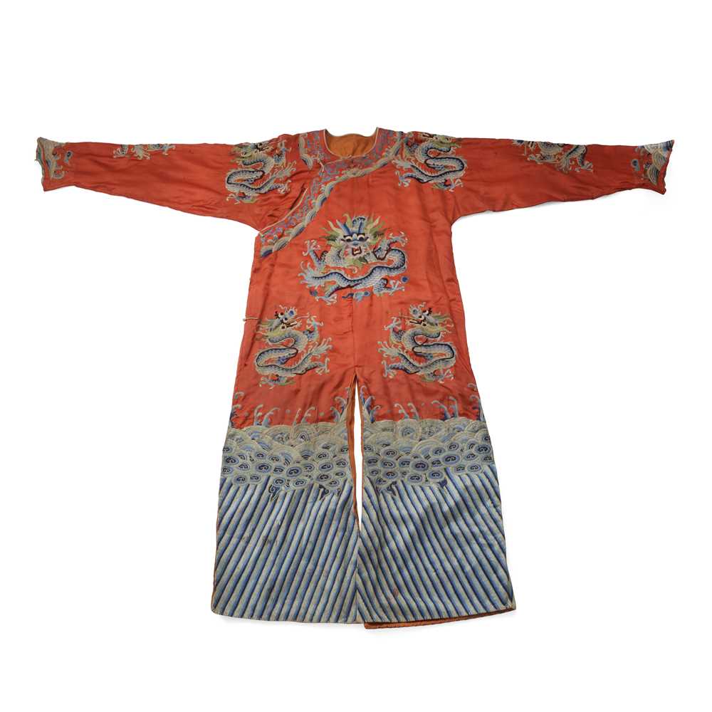 Appraisal: RED GROUND SILK EMBROIDERED 'DRAGON' ROBE TH- TH CENTURY featuring