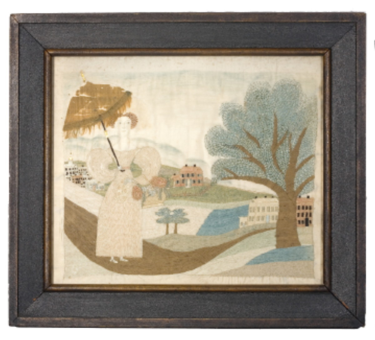 Appraisal: NEW ENGLAND NEEDLEWORK PICTURE OF A LADY WITH A PARASOL