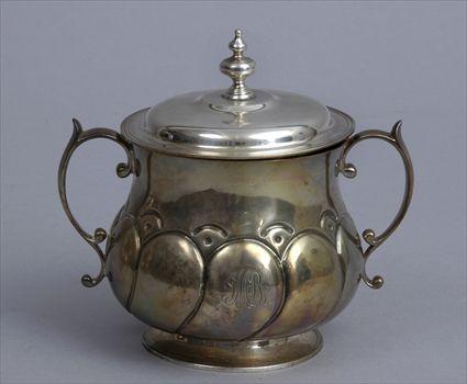 Appraisal: CRICHTON BROS SILVER TWO-HANDLED CAUDLE CUP AND COVER Marks for