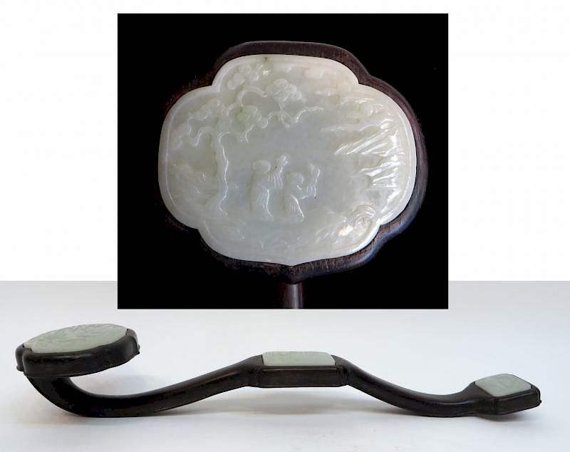 Appraisal: White Jade Mounted Zitan Ruyi White Jade Mounted Zitan Ruyi