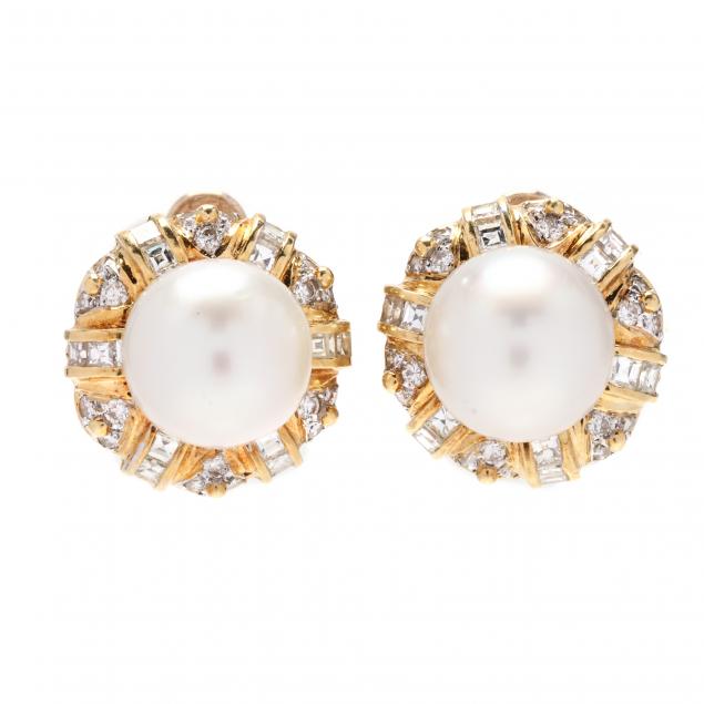 Appraisal: Gold Pearl and Diamond Earrings Set with a round white