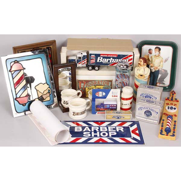 Appraisal: Decorative contemporary barber shop memorabilia including reproduction porcelain enamel signs