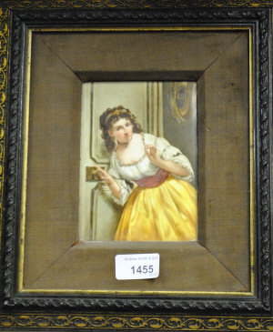 Appraisal: A framed Continental porcelain plaque painted with a young lady