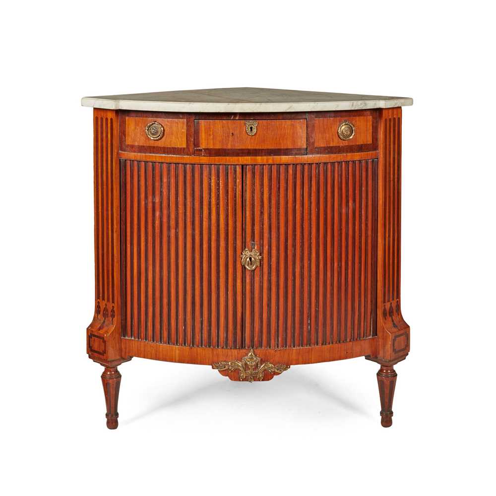 Appraisal: DUTCH MAHOGANY AND FRUITWOOD MARBLE TOPPED TAMBOUR CORNER CABINET TH