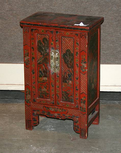 Appraisal: A Chinese polychrome lacquered wood small two-door cabinet Its outer