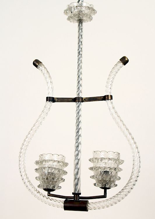 Appraisal: MURANO GLASS BRASS LYRE FORM CHANDELIER C A two arm