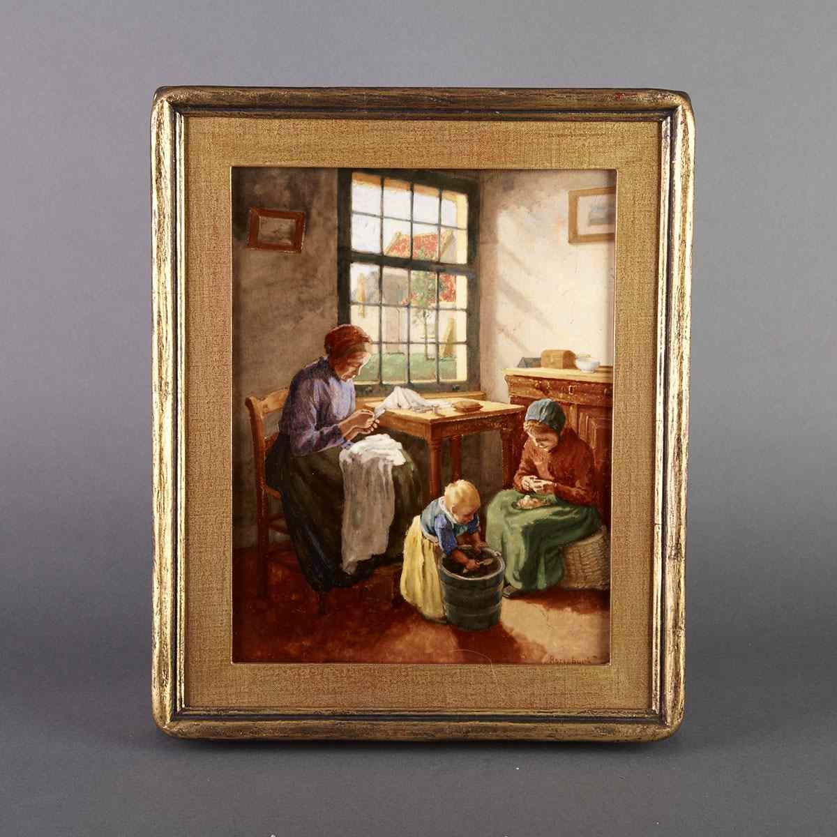 Appraisal: Rozenburg Rectangular Plaque of Figures by a Window after Albert