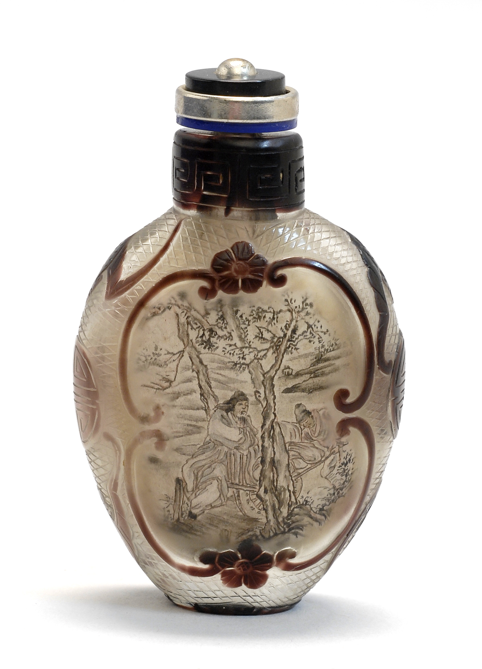 Appraisal: INTERIOR-PAINTED OVERLAY GLASS SNUFF BOTTLE In spade shape With depiction