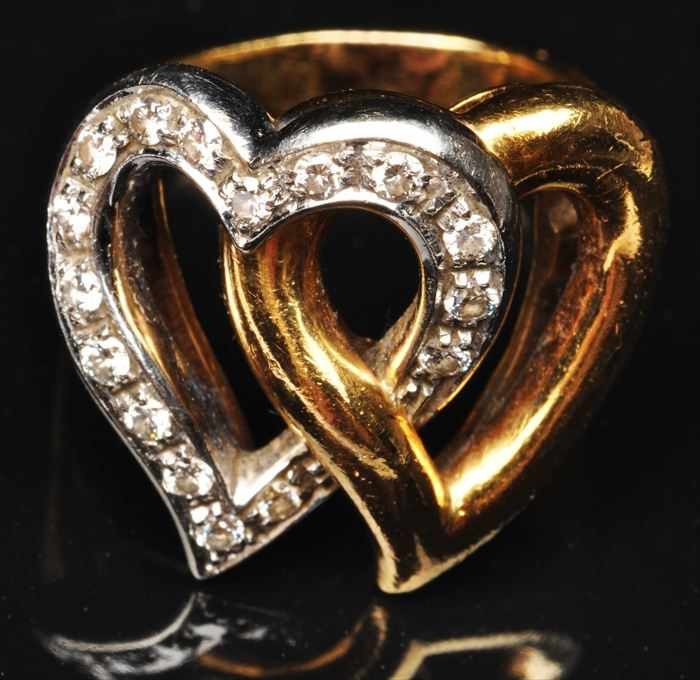 Appraisal: GOLD AND DIAMOND TWIN HEART RING Stamped size