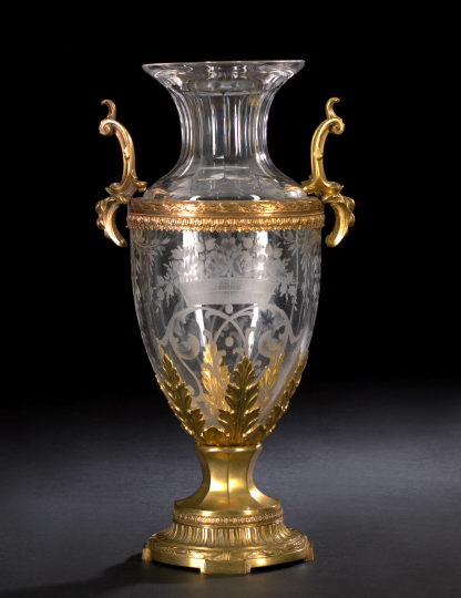 Appraisal: French Gilt-Brass-Mounted Floral Engraved Glass Vase in the Louis XVI