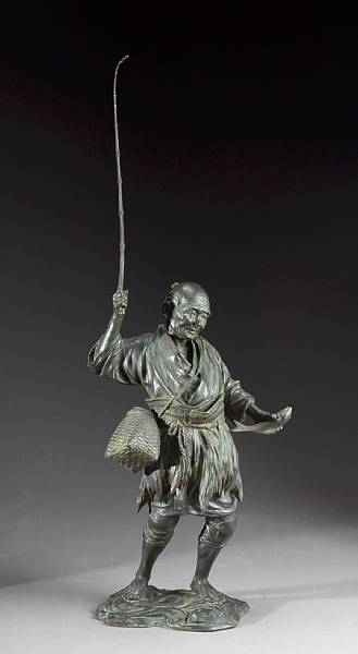 Appraisal: A massive bronze figure of a fisherman Meiji Taisho Period