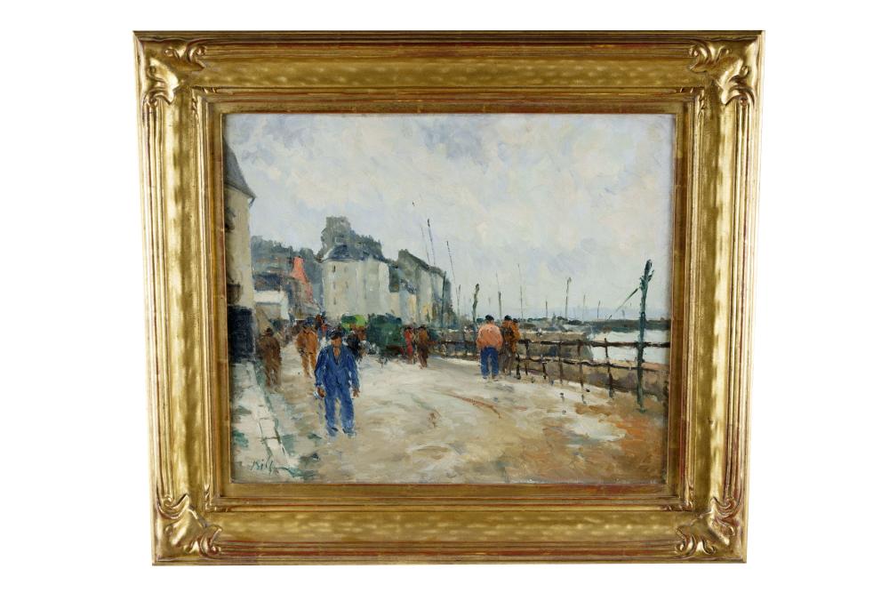 Appraisal: AMERICAN SCHOOL STREET SCENE IN A HARBOR oil on canvas