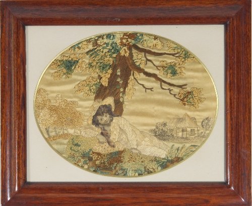 Appraisal: An oval silk and watercolour picture shepherd under tree circa