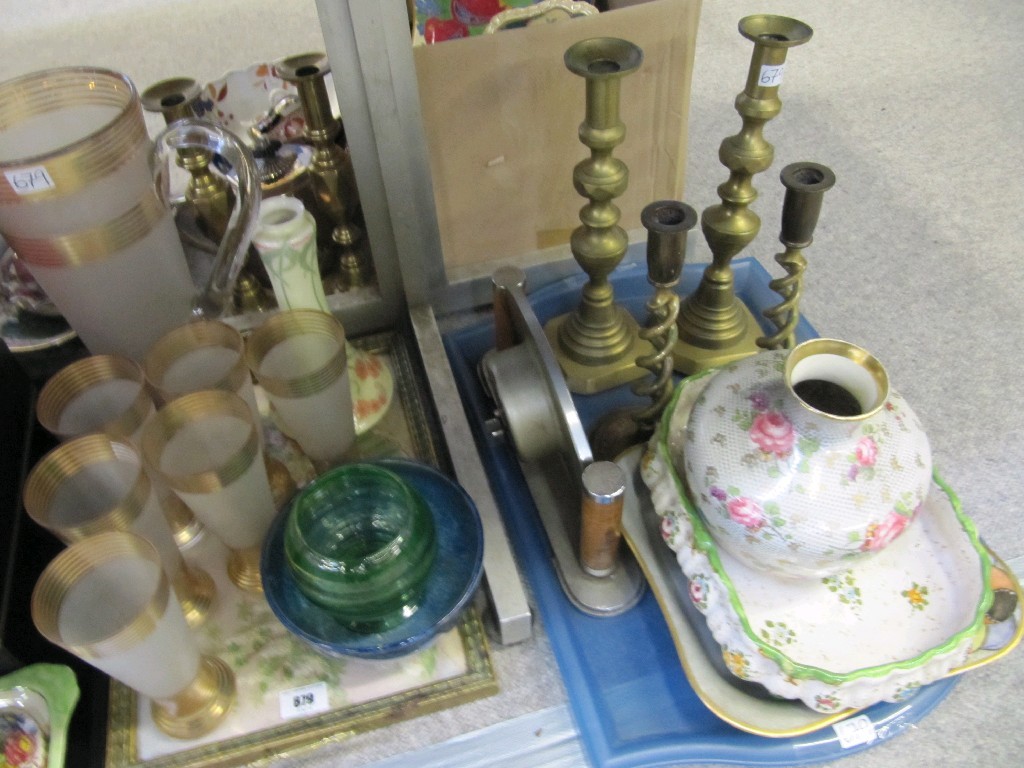 Appraisal: Lot comprising two trays lemonade set brass candlesticks etc