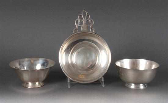 Appraisal: American sterling silver porringer and two Revere style mayonnaise bowls