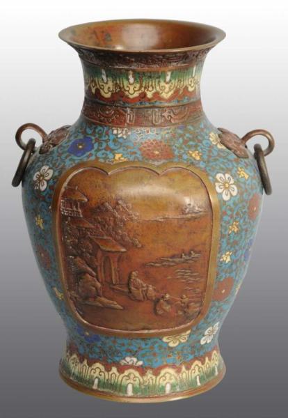 Appraisal: Copper Cloisonne Chinese Vase with Handles Description Vase depicts two