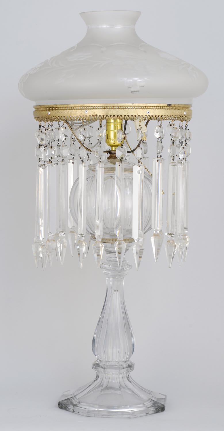 Appraisal: CLEAR GLASS ASTRAL-STYLE LAMP with frosted grape cut shade clear