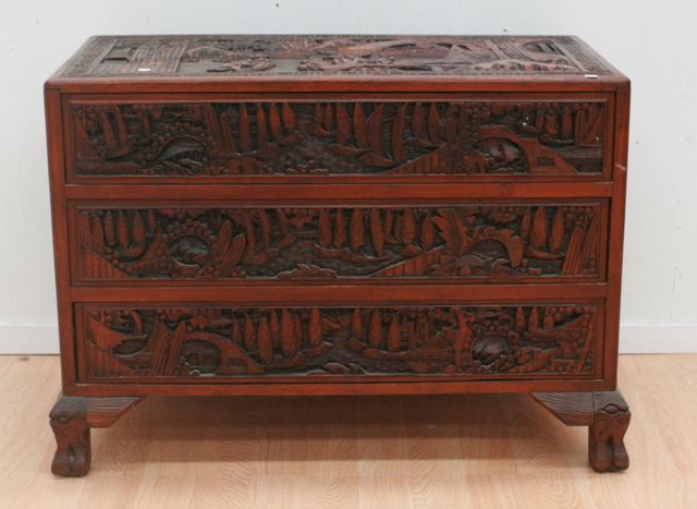 Appraisal: A carved Chinese th century camphorwood chest of drawers circa