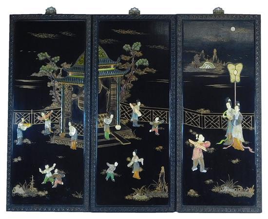 Appraisal: ASIAN Three black lacquer panels th C decorated with mother-of-pearl