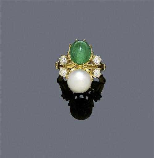 Appraisal: EMERALD NATURAL PEARL AND DIAMOND RING LOMBARD s Yellow gold