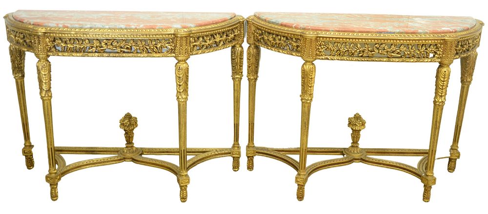 Appraisal: Pair of Gilt Demilune Tables with rouge marble tops with