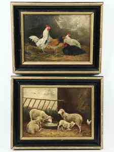 Appraisal: PR OIL ON MAHOG PANELS - Farmyard Portraits of Chicken