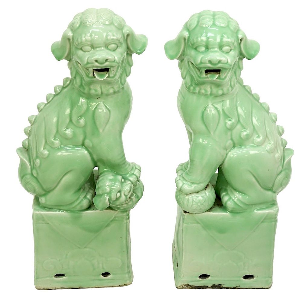 Appraisal: Pair of Large Chinese Celadon Glaze Foo Dogs Pair of