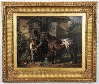 Appraisal: Adolf VanDerVenne signed O c 'Feeding the Horses' Mid th