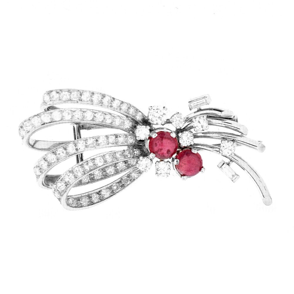 Appraisal: French Diamond Ruby and Platinum Bow Brooch Vintage Approx Carat