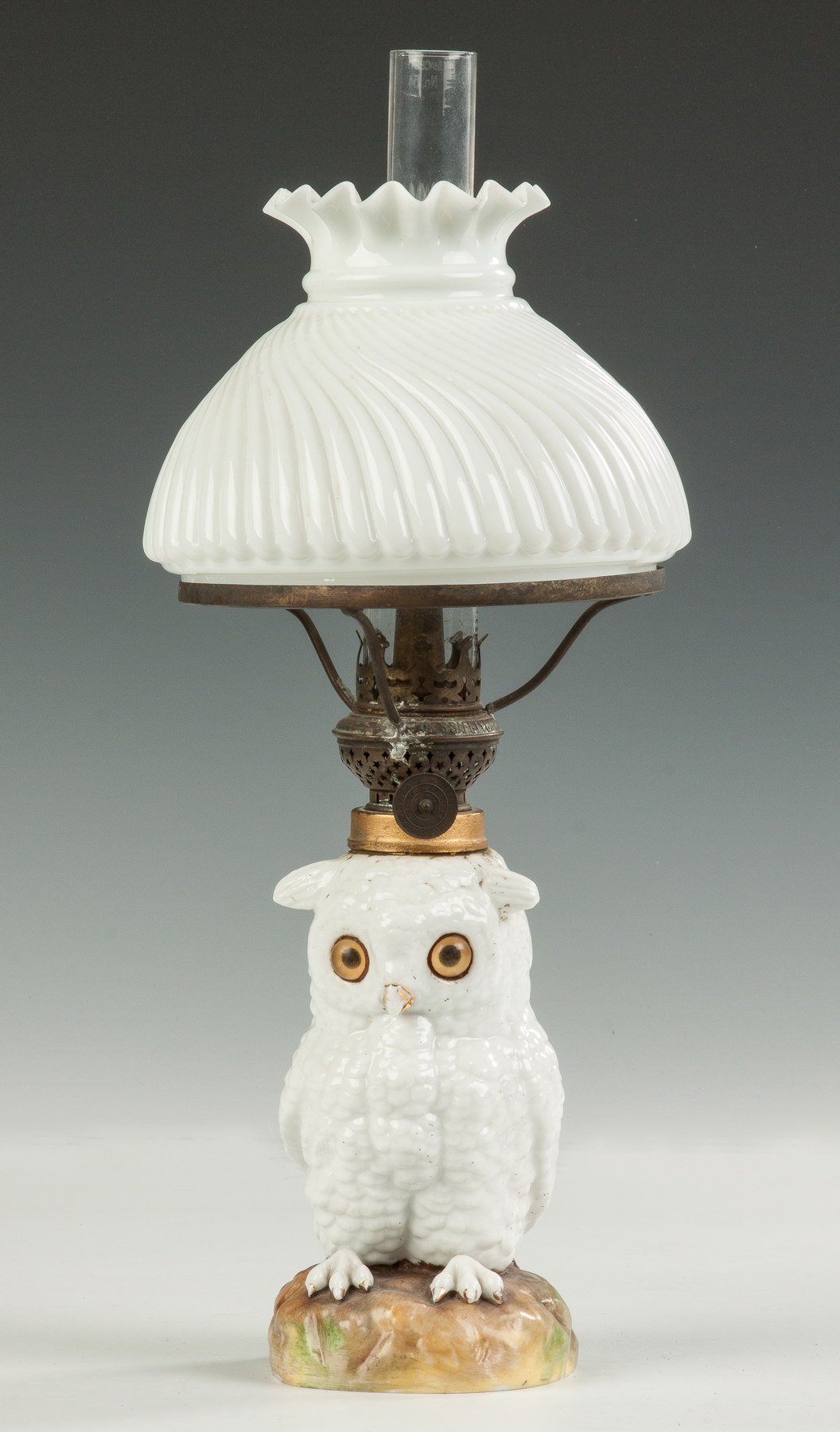 Appraisal: Miniature Milk Glass Owl Oil Lamp th cent Period oil