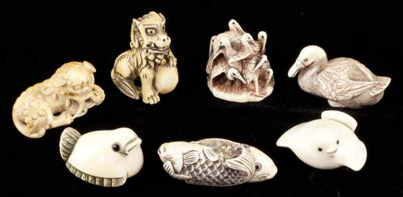 Appraisal: Group of Seven Animal Form Ivory Netsukemost signed and highlighted