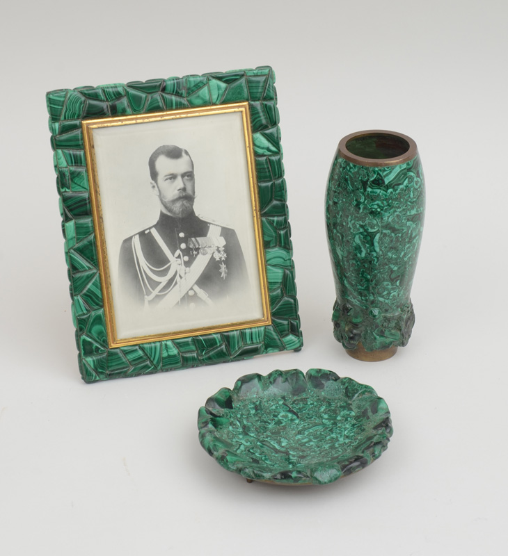 Appraisal: ITALIAN SILVER-GILT-MOUNTED MALACHITE FRAME ENCLOSING A PHOTOGRAPH OF CZAR NICHOLAS