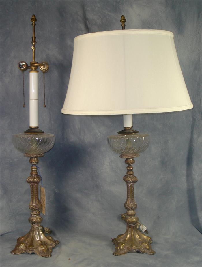 Appraisal: Pair of plated silver glass table lamps h overall Estimate