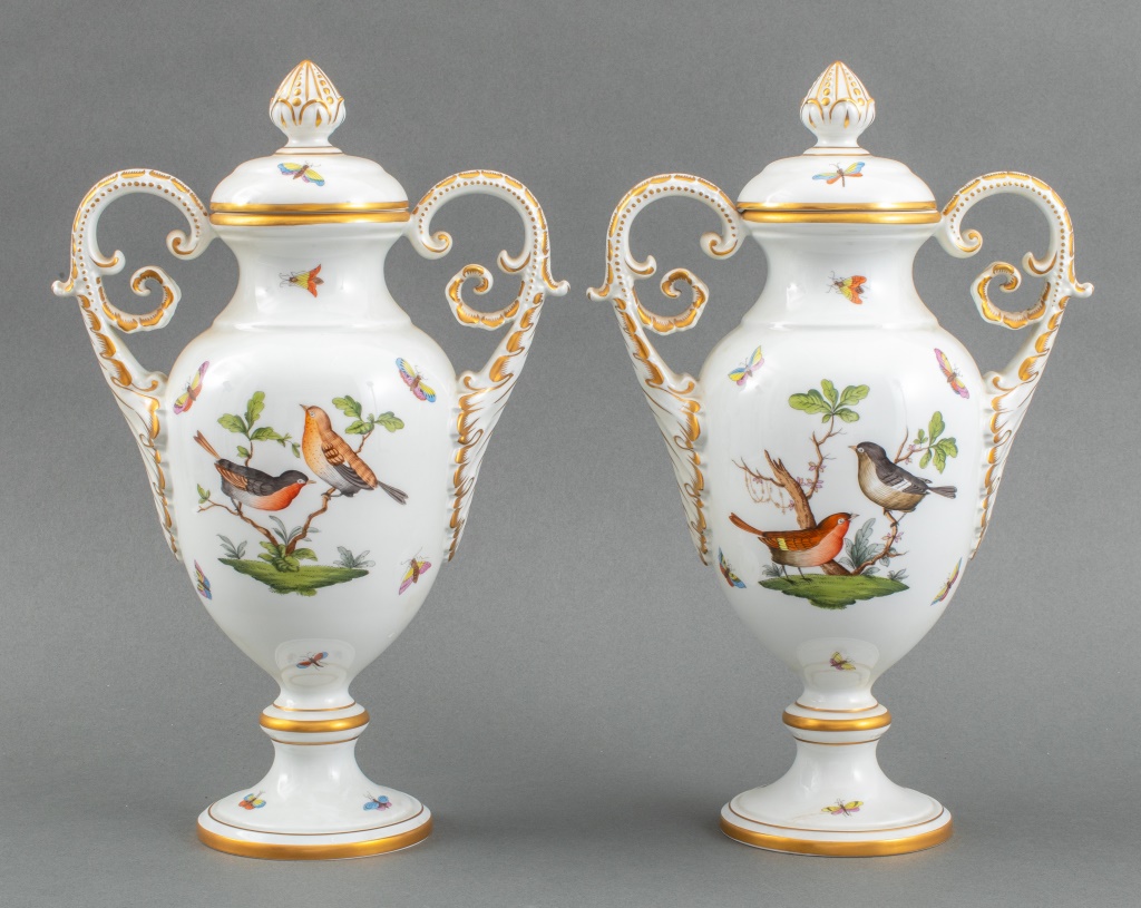 Appraisal: HEREND PORCELAIN ROTHSCHILD BIRDS COVERED URNS Herend Hungarian porcelain two-handled