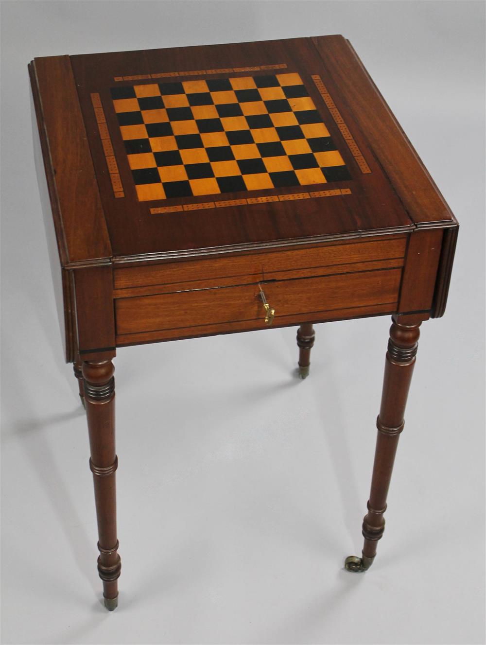 Appraisal: LATE GEORGE III MAHOGANY DROP LEAF GAMES TABLE WITH CHESS