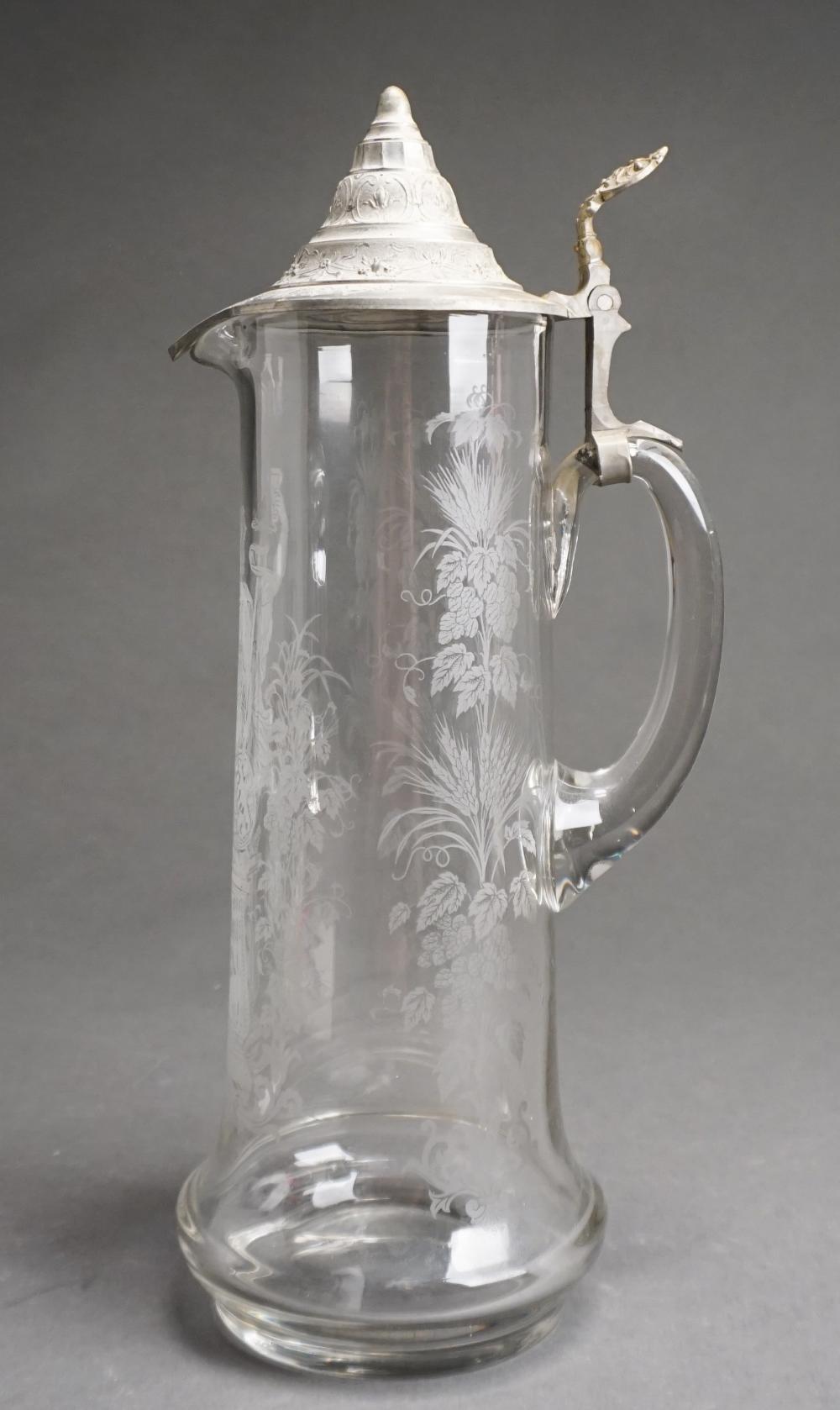 Appraisal: German Pewter Mounted Interior Etched Glass Stein H in cm